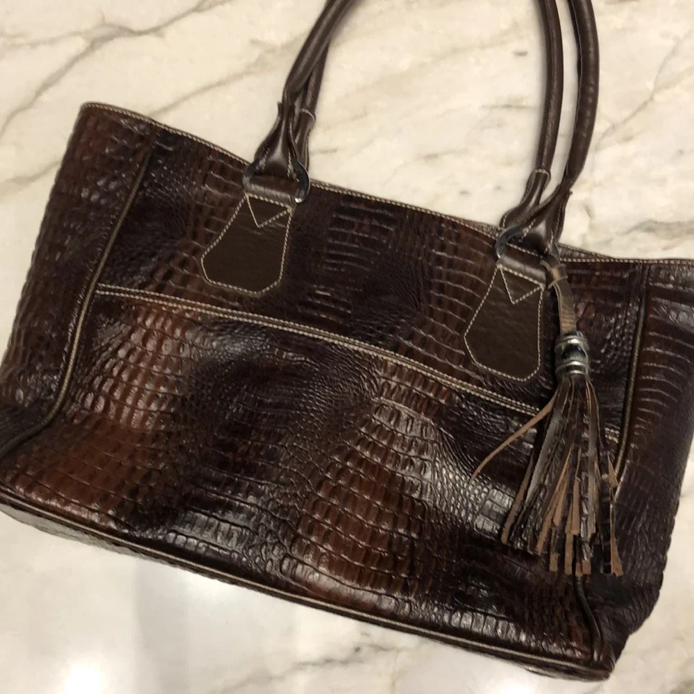 Arpiel genuine leather tote bag, croc texture brown